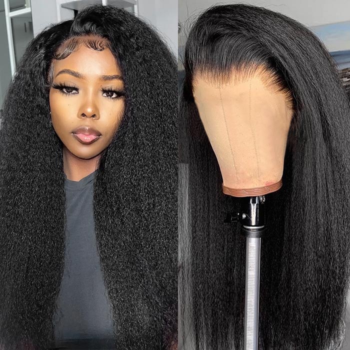 Natural Black Human Hair Lace Front Wigs Kinky Straight Indian Virgin Remy Hair Invisible Swiss Lace Wig for African American Women