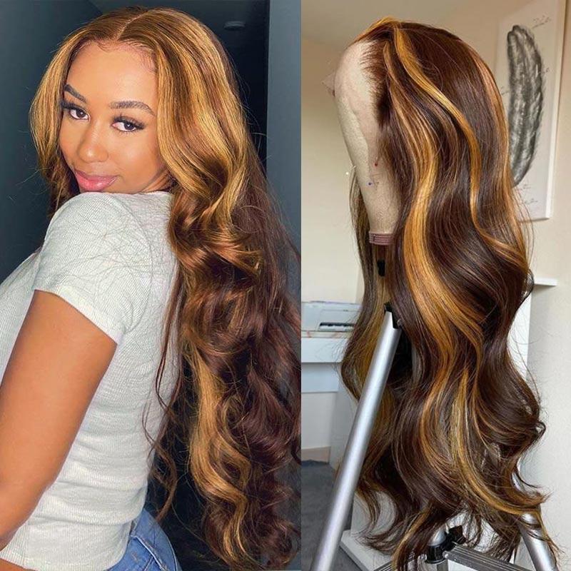 Brown Hair With Strawberry Blonde Highlights Body Wave Transparent Lace  Frontal Wigs Brazilian Virgin Remy Human Hair – ModernShow