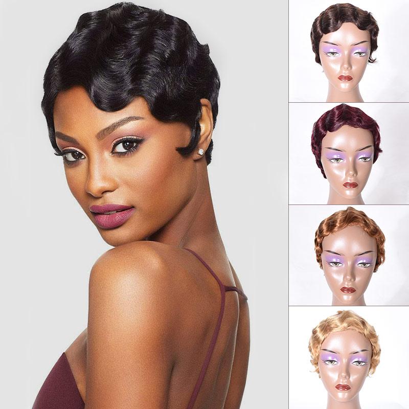 Pixie Cut Human Hair Wig No Lace Full Machine Human Hair Wigs For Black  Women Short Wig Human Hair Finger Wave