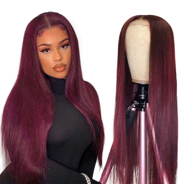 Modern Show Burgundy Red Colored Straight Human Hair Wig Pre-Plucked Transparent Lace Front