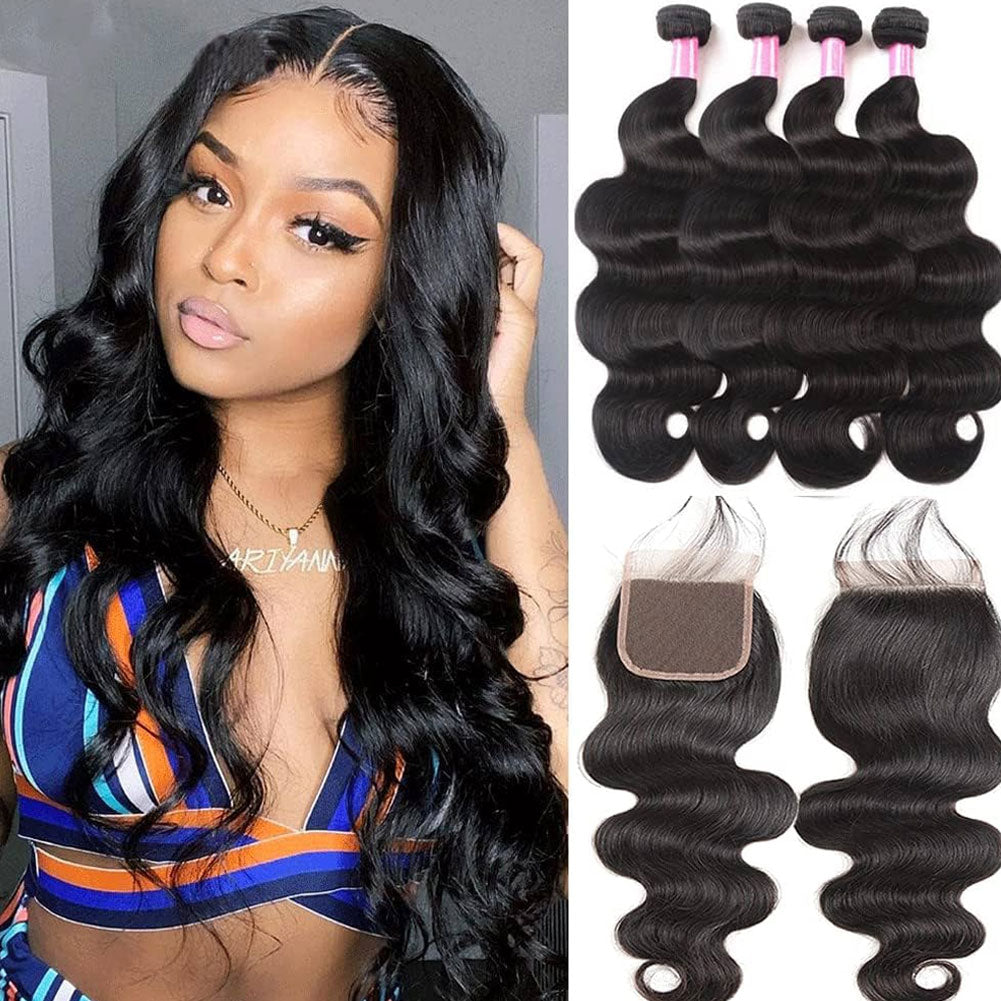 Body Wave Wave 4 Bundles With Closure 100% Human Hair