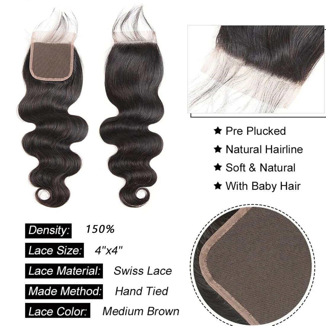 Body Wave 3 Bundles With Closure 100% Human Hair