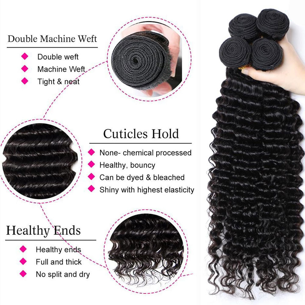 Deep Wave 3 Bundles With Closure 100% Human Hair