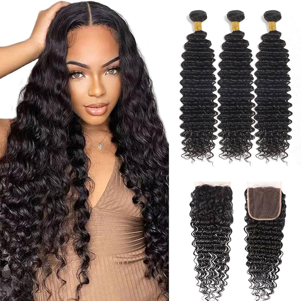 Deep Wave 3 Bundles With Closure 100% Human Hair