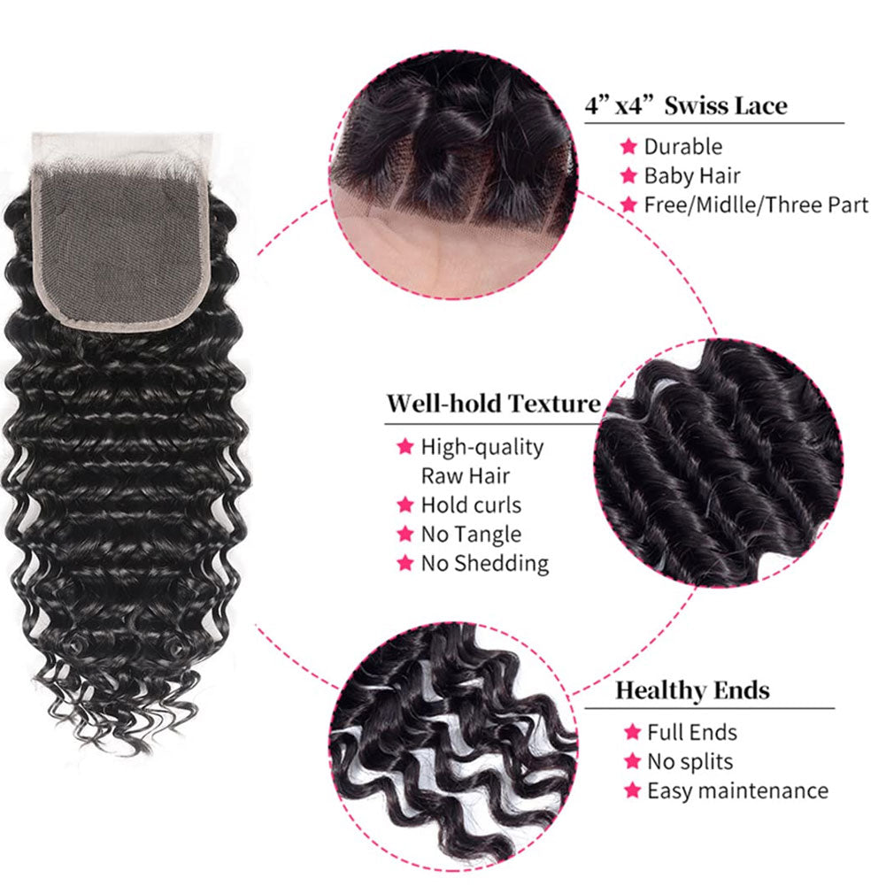 Deep Wave 3 Bundles With Closure 100% Human Hair