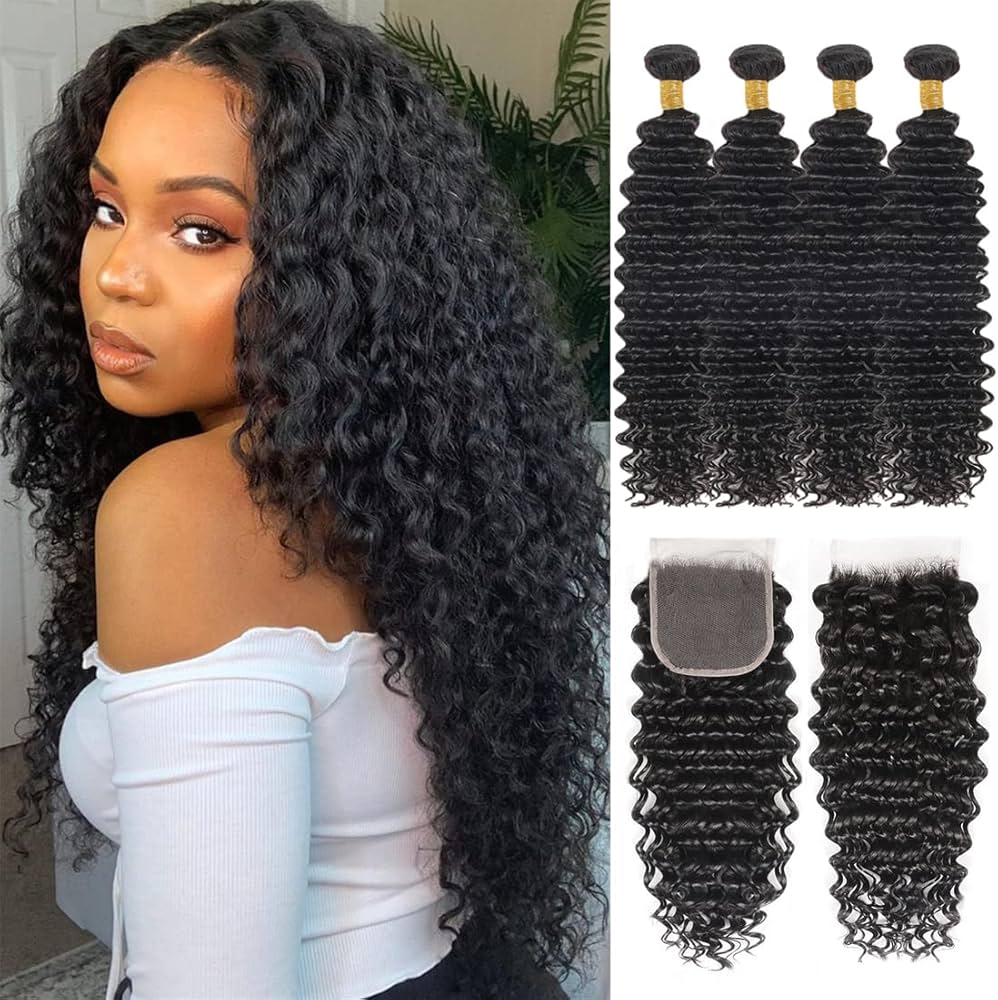 Deep Wave 4 Bundles With Closure 100% Human Hair