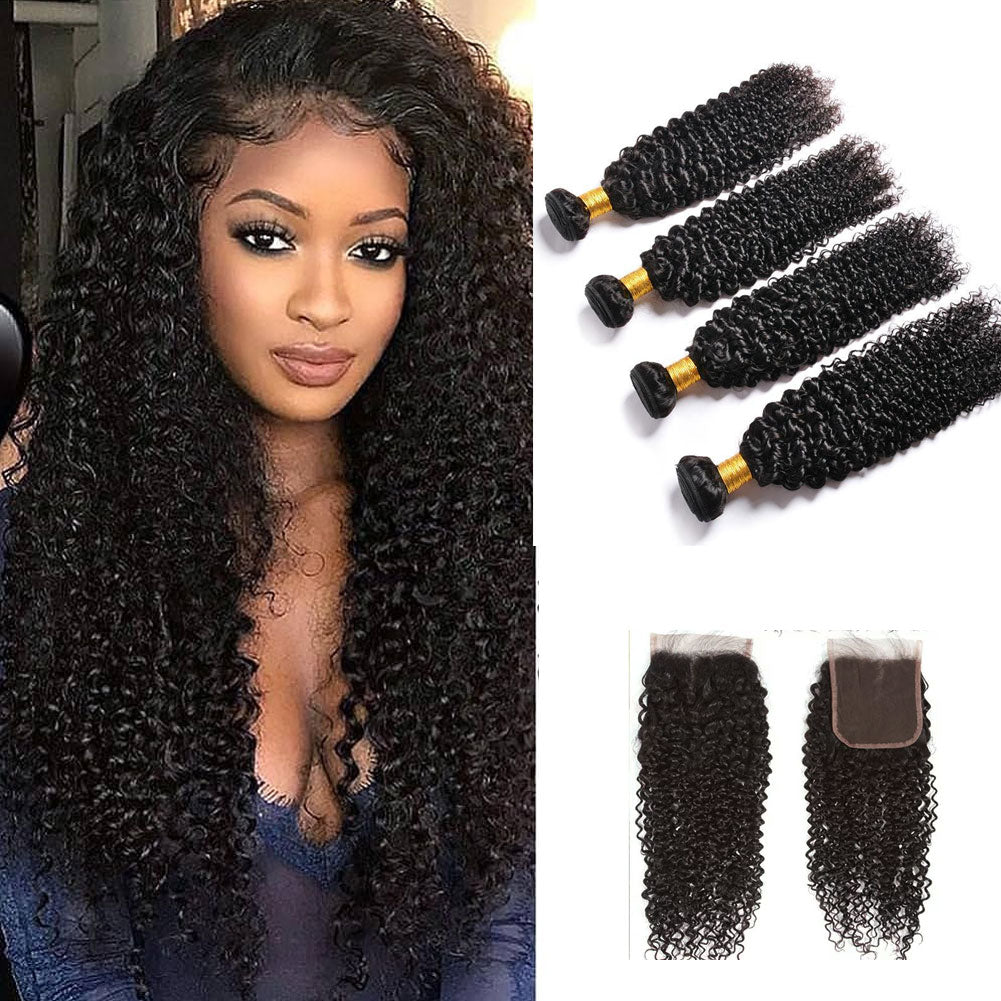 Kinky Curly 4 Bundles With Closure 100% Human Hair