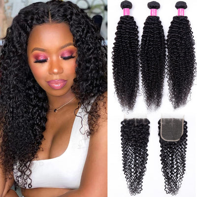 Kinky Curly 3 Bundles With Closure 100% Human Hair