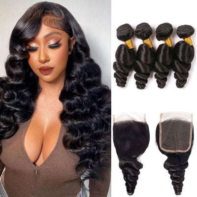 Loose Wave 4 Bundles With Closure 100% Human Hair