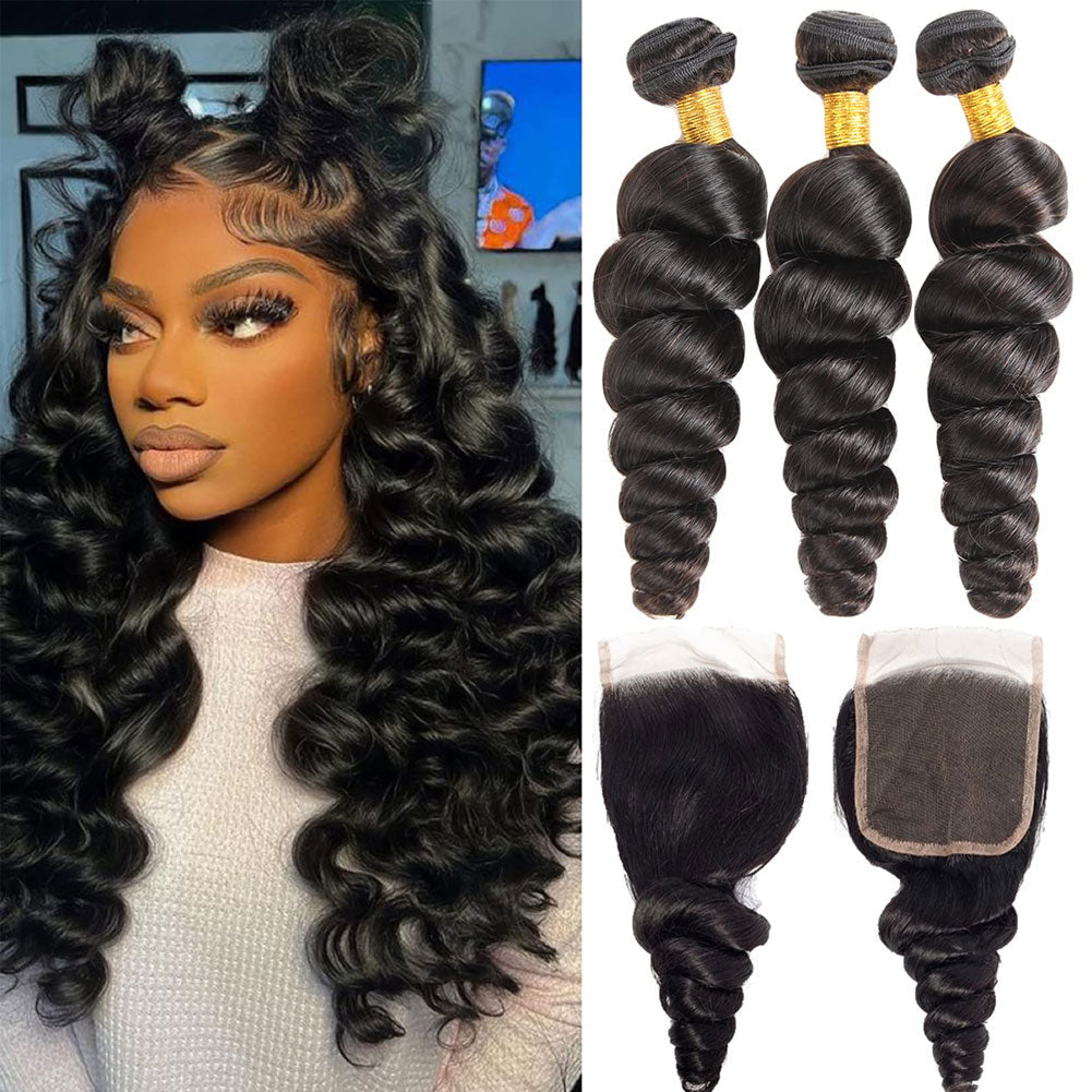 Loose Wave 3 Bundles With Closure 100% Human Hair