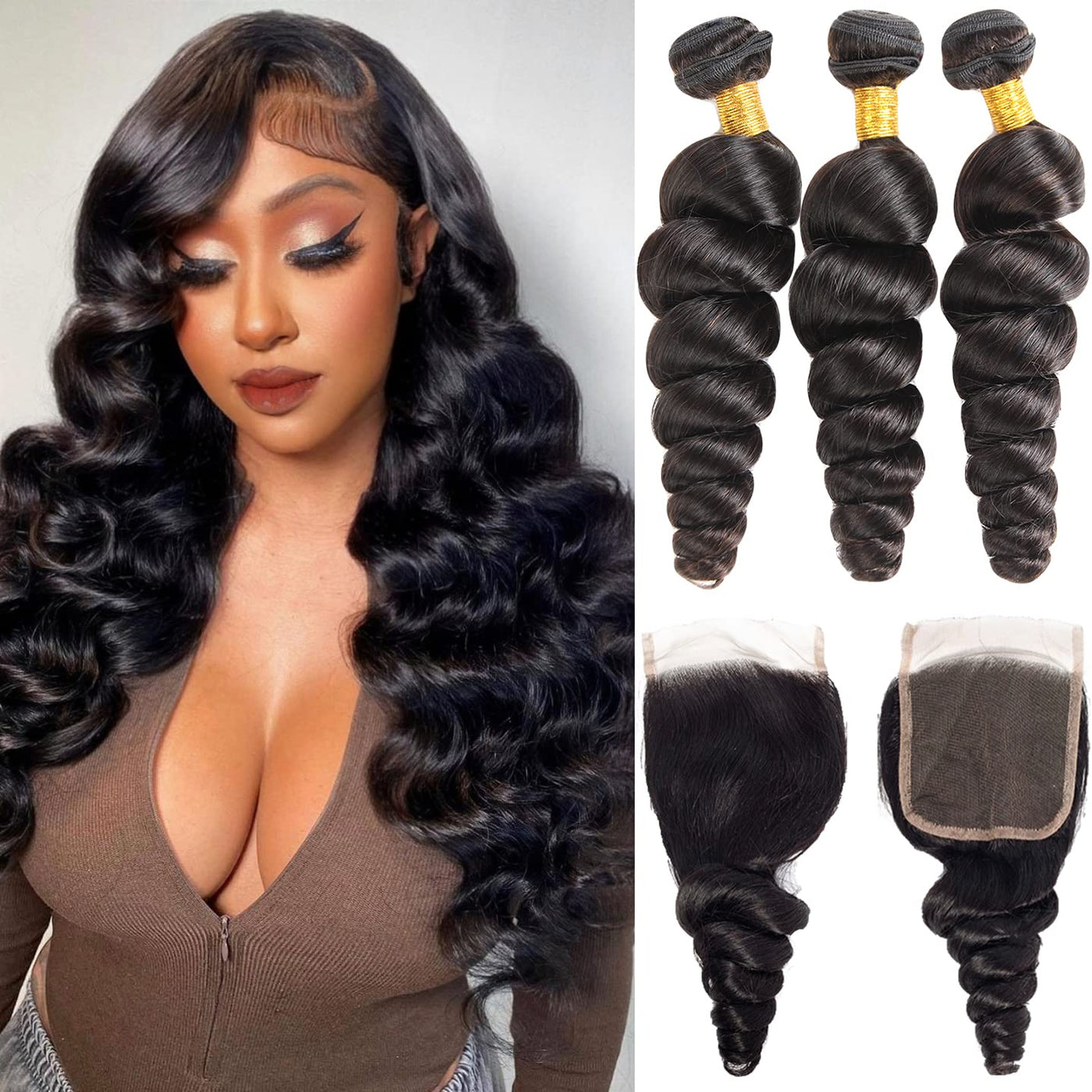 Loose Wave 3 Bundles With Closure 100% Human Hair