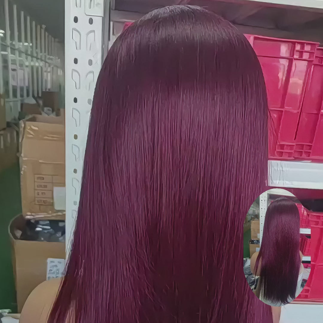 Modern Show Burgundy Red Colored Straight Human Hair Wig Pre-Plucked Transparent Lace Front