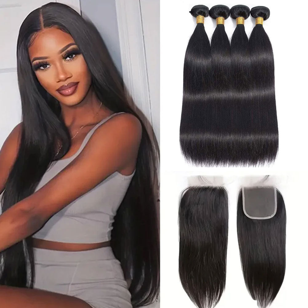 Silky Straight 4 Bundles With Closure 100% Human Hair