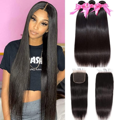 Silky Straight 3 Bundles With Closure 100% Human Hair