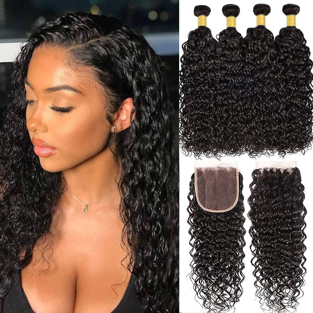 Water Wave 4 Bundles With Closure 100% Human Hair