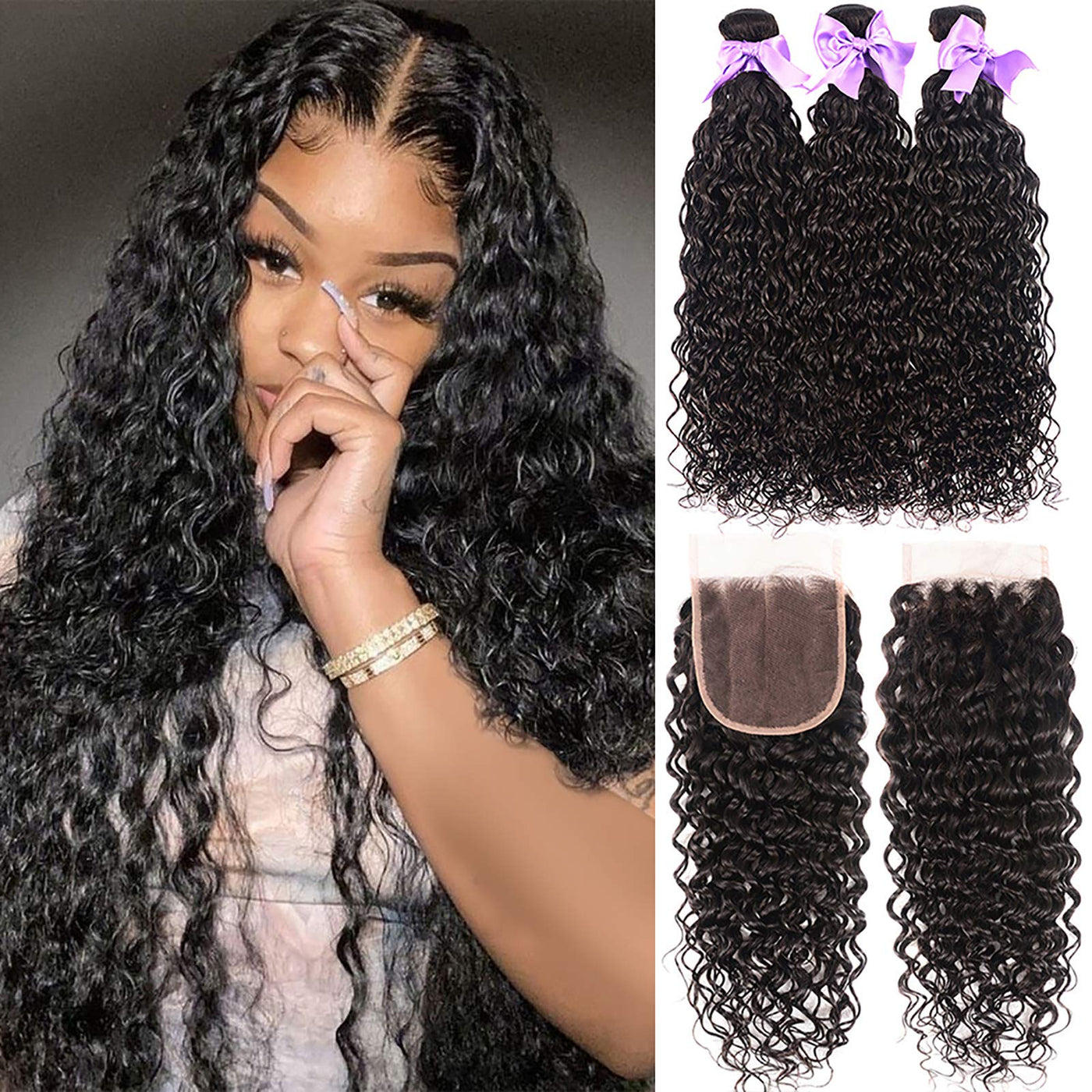 Water Wave 3 Bundles With Closure 100% Human Hair