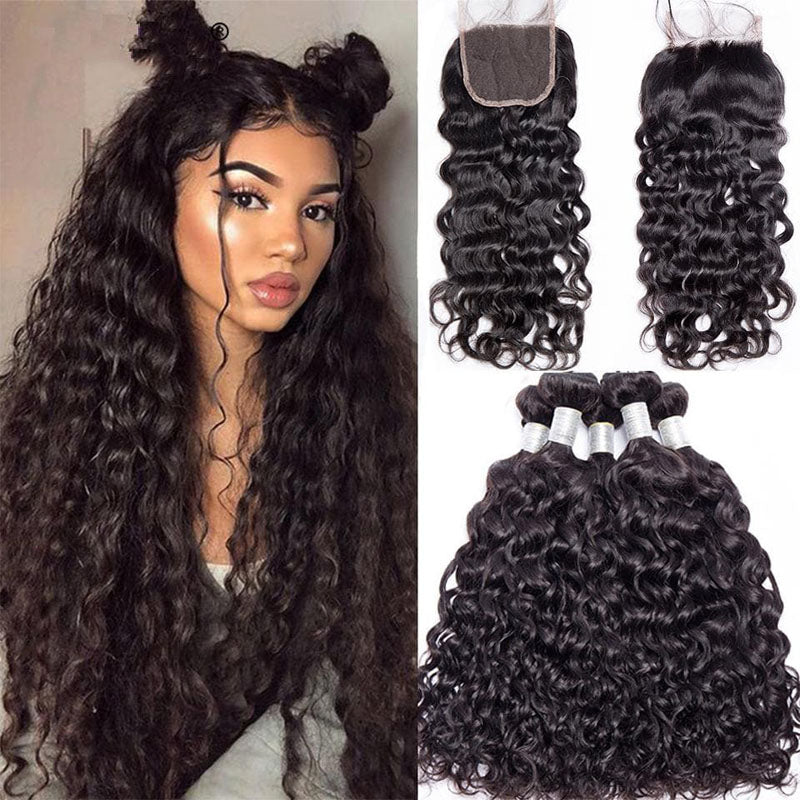 Modern Show Mink Brazilian Virgin Hair Water Wave 4 Bundles With 4x4 Lace Closure With Baby Hair