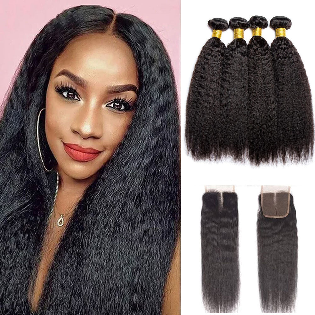 Yaki Straight 4 Bundles With Closure 100% Human Hair