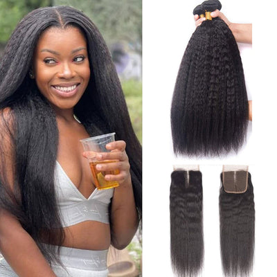 Yaki Straight 3 Bundles With Closure 100% Human Hair