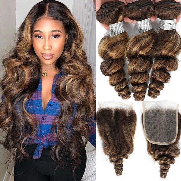 Highlight P4/30 Loose Deep Wave 3 Bundles With 4X4 Transparent Lace Closure Virgin Human Hair