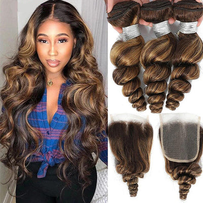 Highlight P4/27 Loose Wave Bundles with 4X4 Closure 100% Real Human Hair