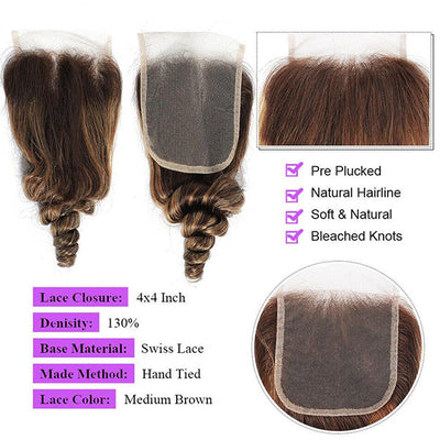 Highlight P4/30 Loose Deep Wave 3 Bundles With 4X4 Transparent Lace Closure Virgin Human Hair