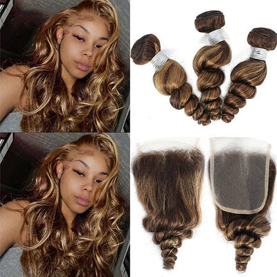 Highlight P4/30 Loose Deep Wave 3 Bundles With 4X4 Transparent Lace Closure Virgin Human Hair