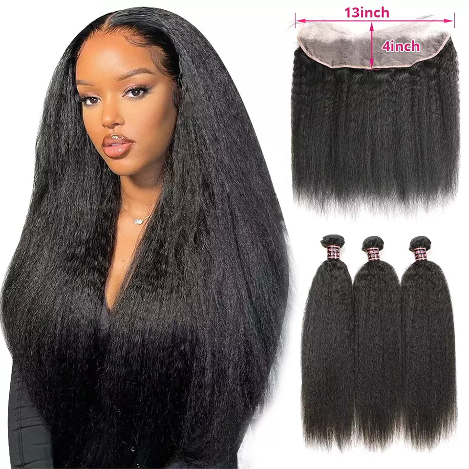 Kinky Straight 3 Bundles with 13x4  Lace Frontal Pre Plucked Transparent human hair extensation