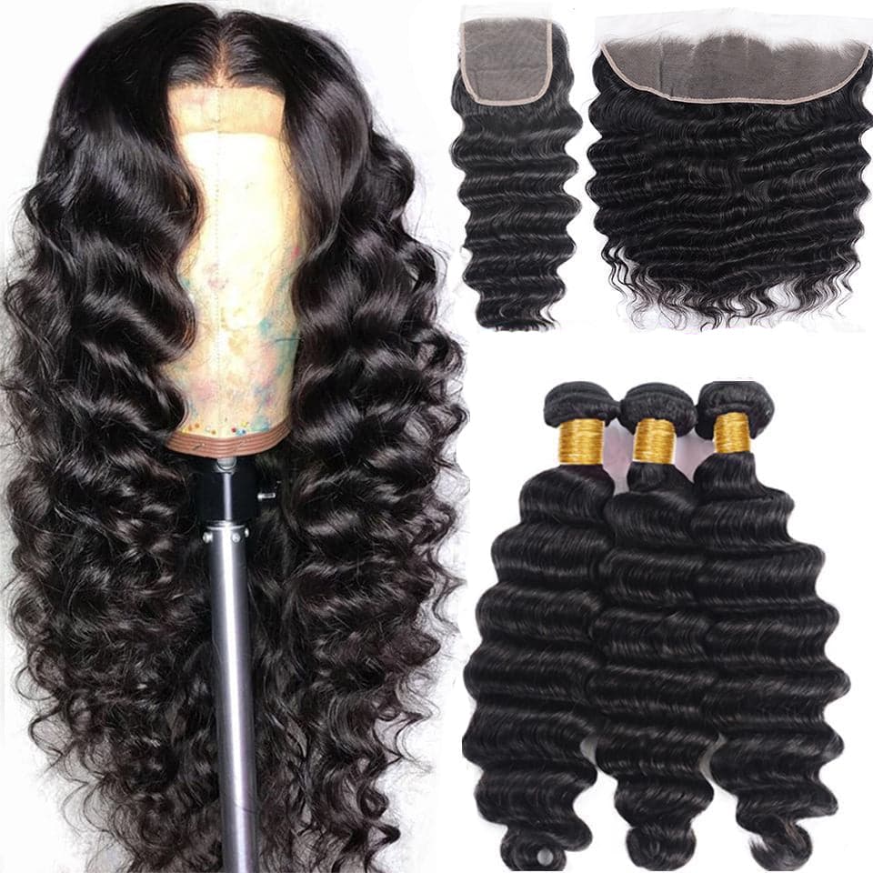 Loose Deep Wave 3 Bundles with Frontal Closure 100% Human Hair extension