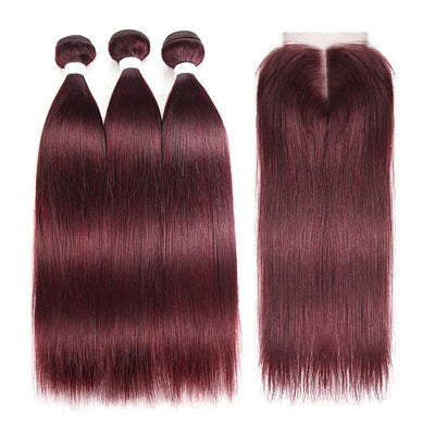 Wine Red Burgundy Straight Hair 3 Bundles With Closure 4x4 Colored 100% virgin human hair