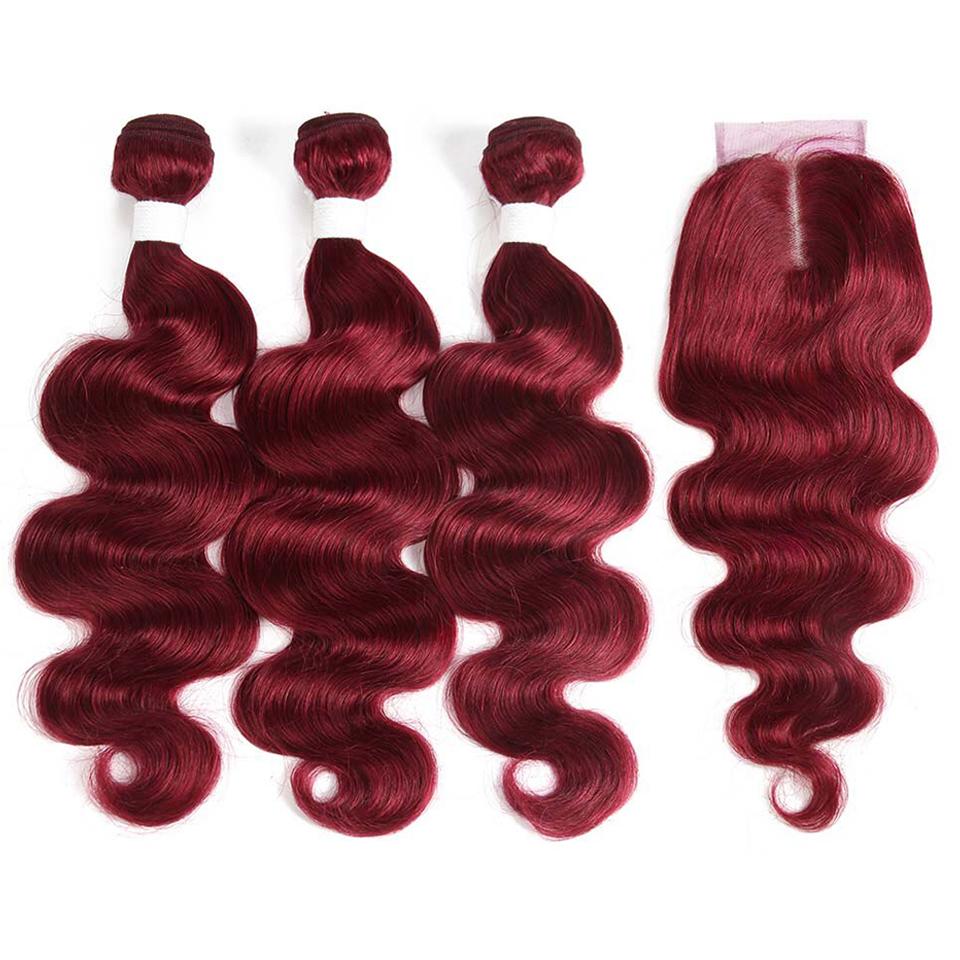 Dark Red Burg body wave 4 Bundles With 4x4 Lace Closure 100% Real Human Hair