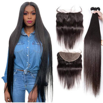 Straight 3 Bundles With Lace Frontal Closure Real Virgin Human Hair