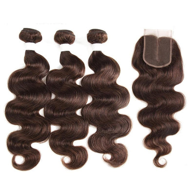 Chocolate Brown Body Wave 3 Bundles With 4X4 Lace Closure 100% virgin human hair