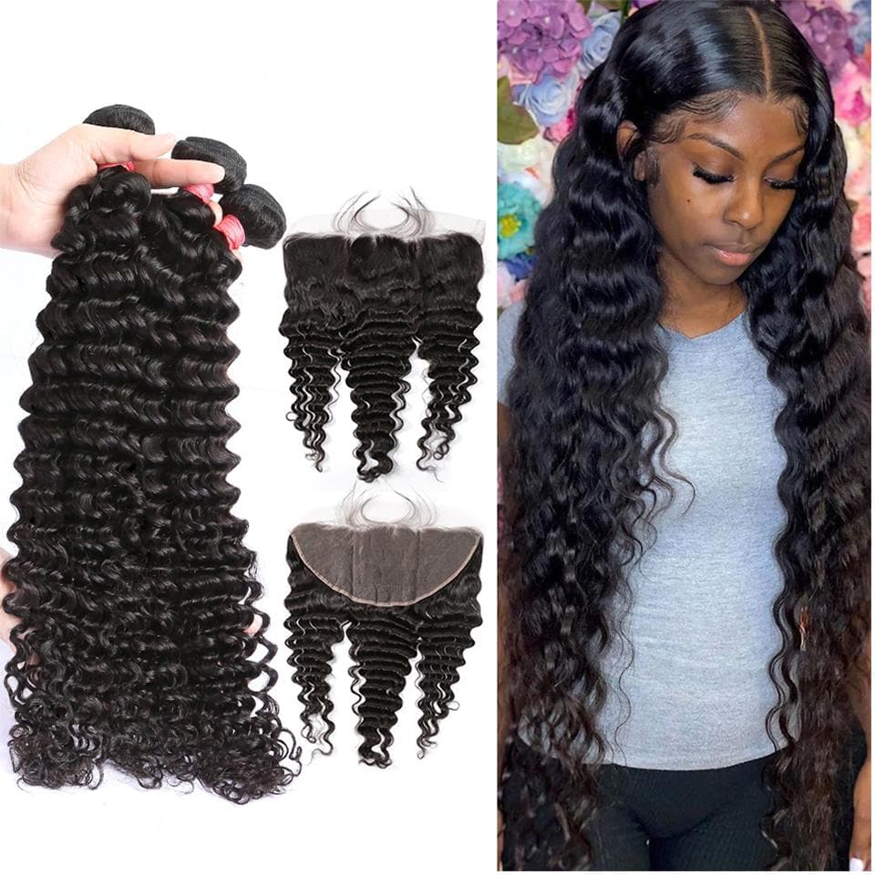 Deep Wave 3 Bundles With 13X4 Transparent Lace Frontal 100% Virgin Human Hair