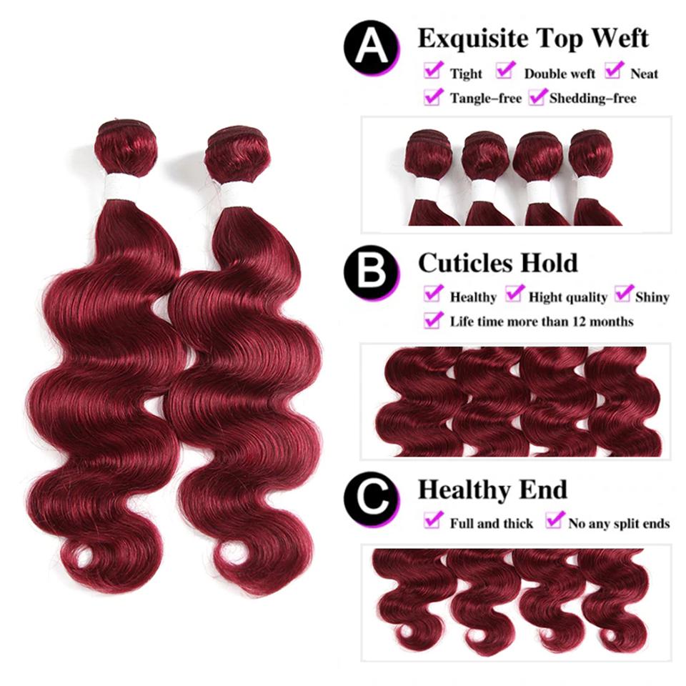 Dark Red Burg body wave 4 Bundles With 4x4 Lace Closure 100% Real Human Hair