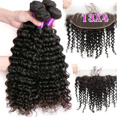 Deep Wave 3 Bundles With 13X4 Transparent Lace Frontal 100% Virgin Human Hair