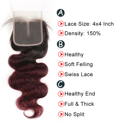 Ombre 1B/99J Body Wave 3 Bundles With 4x4 Lace Closure pre Colored 100% Real Human Hair