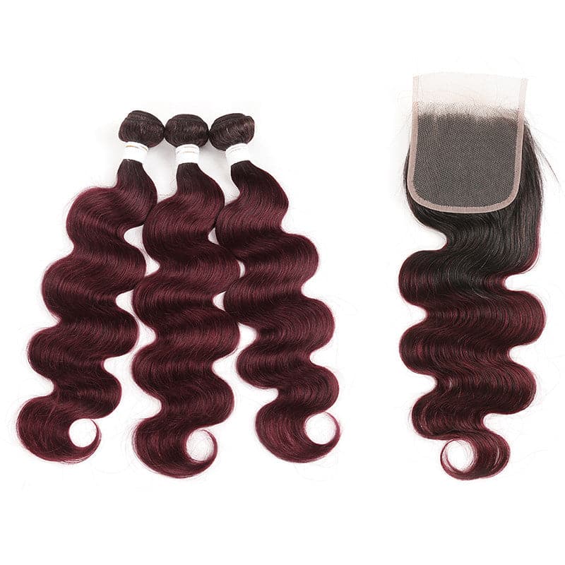 Ombre 1B/99J Body Wave 3 Bundles With 4x4 Lace Closure pre Colored 100% Real Human Hair