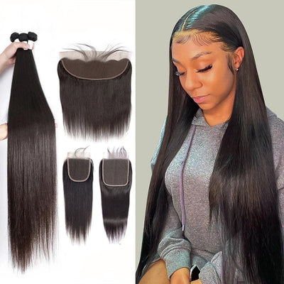 Straight 3 Bundles With Lace Frontal Closure Real Virgin Human Hair