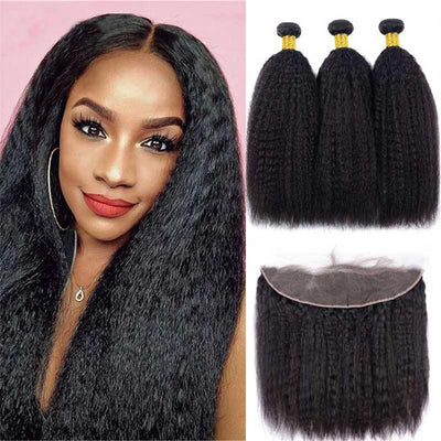 Kinky Straight 3 Bundles with 13x4  Lace Frontal Pre Plucked Transparent human hair extensation