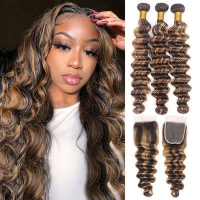 Highlight P4/27 Loose Deep Wave 3 Bundles With 4x4 Lace Closure 100% Real Human Hair